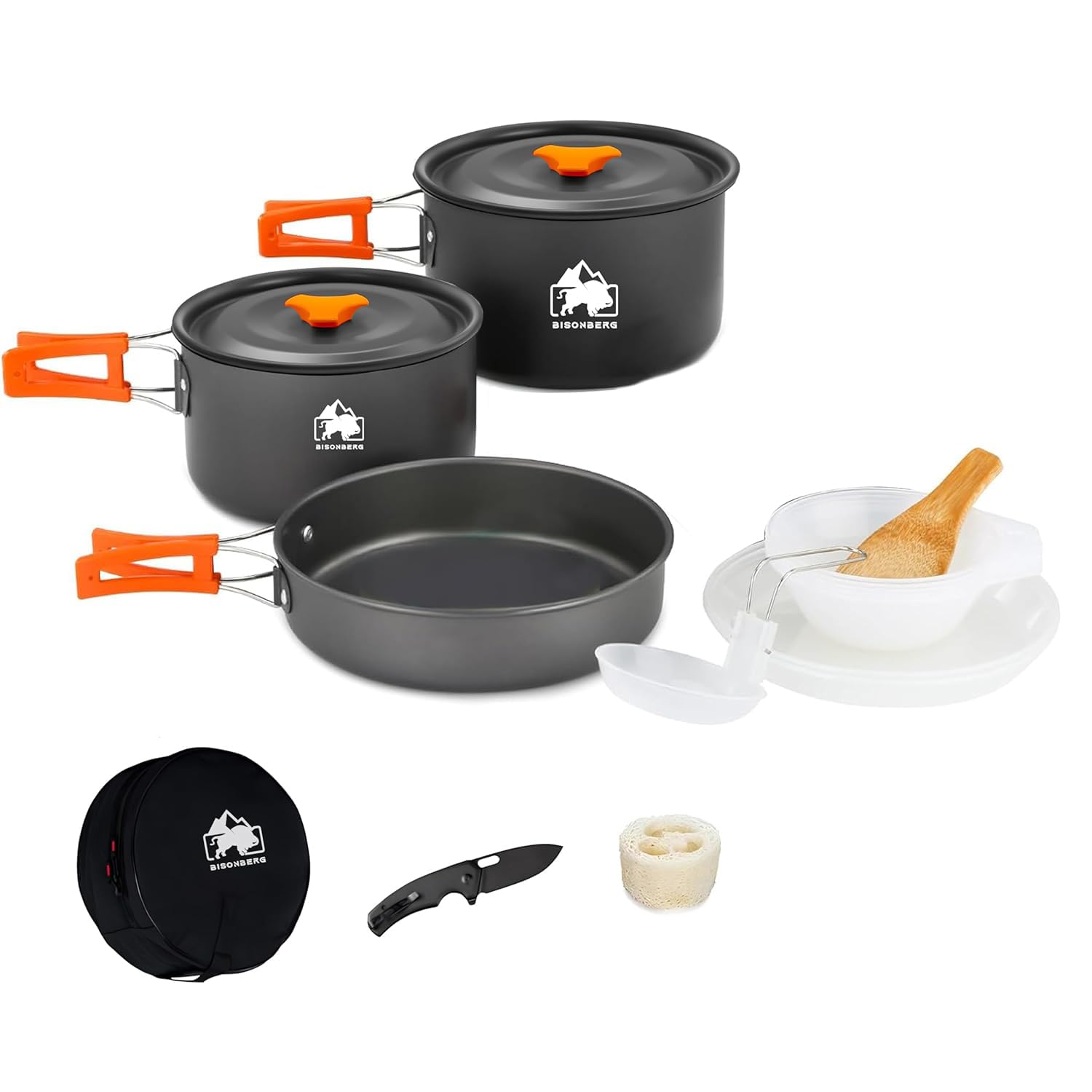 BISONBERG 11 Pcs Camping Cookware Set, Mess Kit, Camping Accessories for Outdoor, Camping Utensils with Carry Bag, Camping Bowl Pot Pan Set – Nonstick Aluminum – for 3 People Without Kettle BISONBERG 11 Pcs Camping Cookware Set, Mess Kit, Camping Accessories for Outdoor, Camping Utensils with Carry Bag, Camping Bowl Pot Pan Set – Nonstick Aluminum – for 3 People Without Kettle