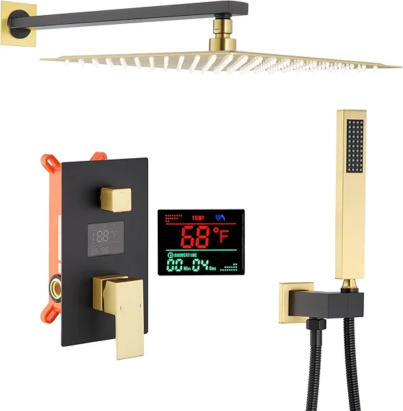WRKMH Shower Faucet Set Digital Display Rainfall Shower System Black and Brushed Gold Wall Mounted Shower Complete Combo Set with 12 Inch Rainfall Shower Head, Handheld Shower Head