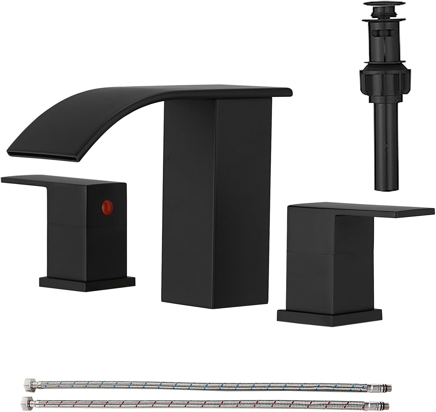 RUMOSE 8 inch Bathroom Faucets Set Matte Black Bathroom Sink Faucet 3 Hole with Pop Up Drain Widespread 2 Handles Stainless Steel Lavatory Vanity Faucet Waterfall Spout Deck Mounted 8 Inch Widespread Matte Black