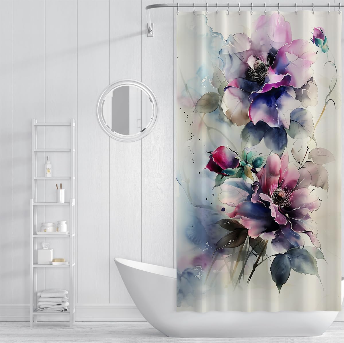 Rideaux de Douche Art à l’Encre Abstraite Rideaux de Douche en Fleur de Pivoine avec Crochets Décoration de Salle de Bain Lavable imperméable W220xL180 cm