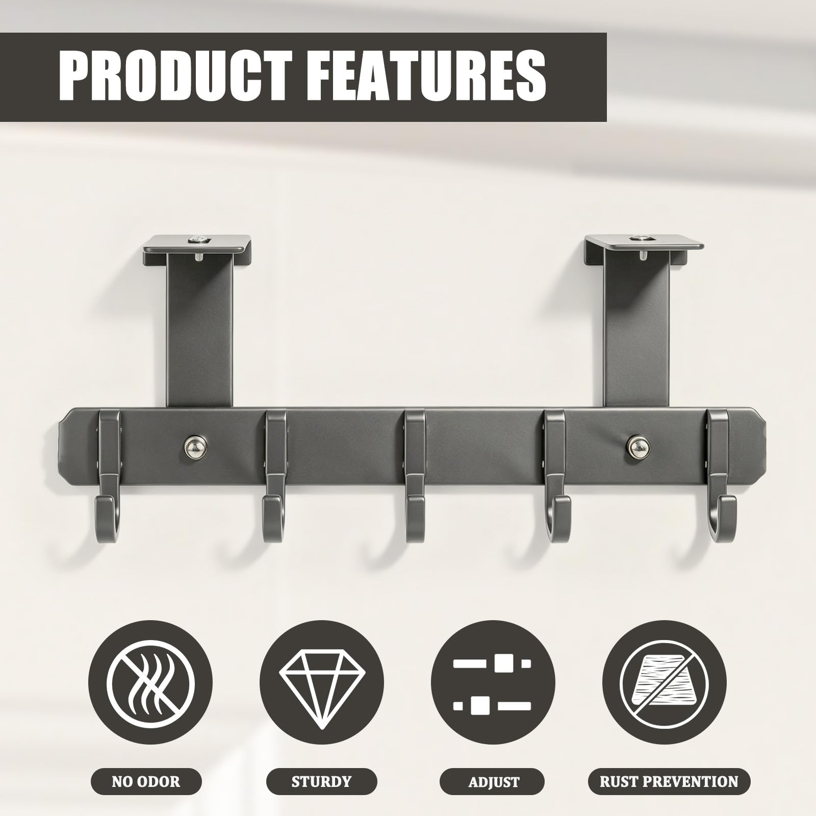 Appendiabiti da Porta, Attaccapanni da Porta, Appendino da Porte Regolabile per 22-58mm, Ganci Porte con 5 Ganci, Gancio Door per Camera da Letto, Bagno, Cucina, Grigio