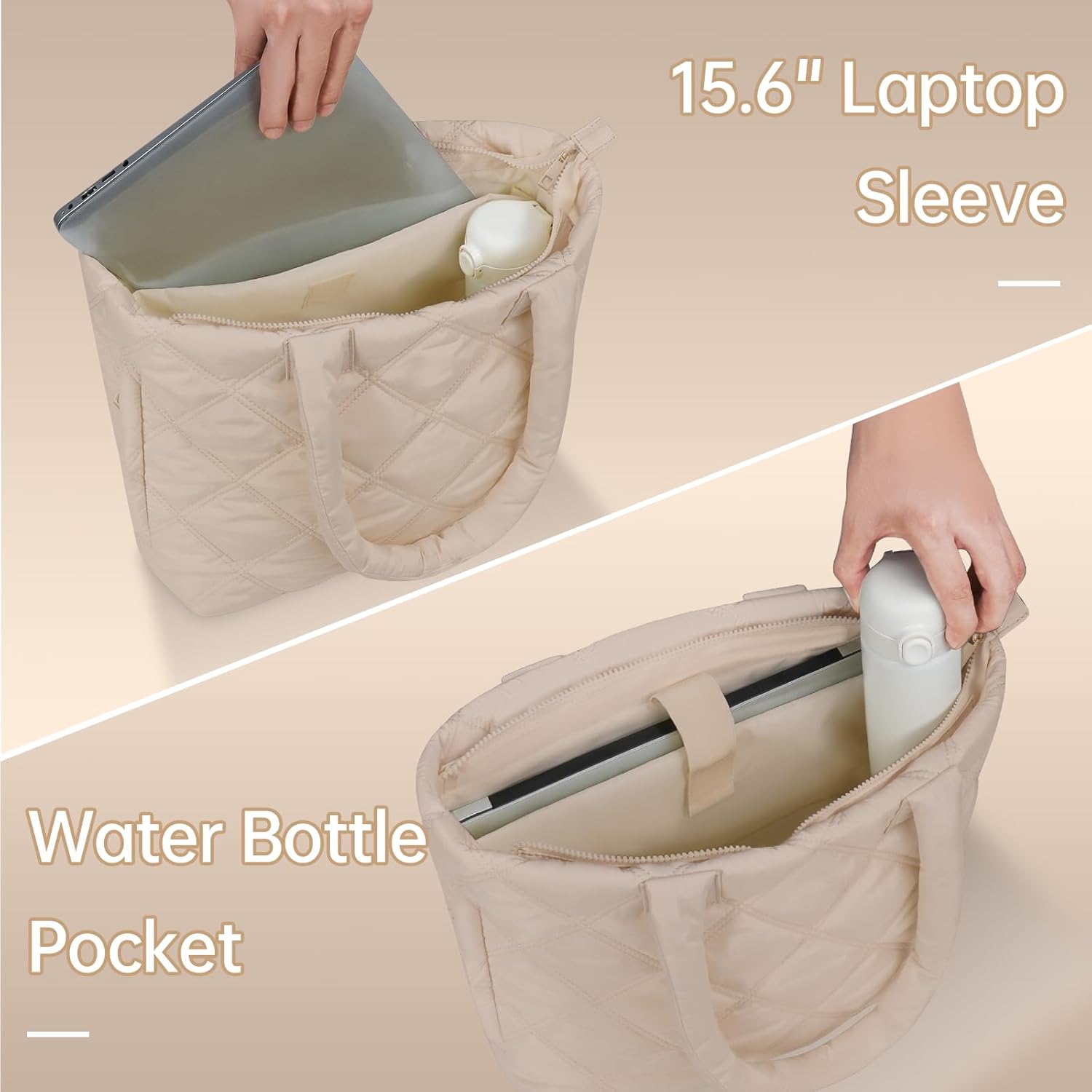 Puffer Tote Bag for Women, Quilted Bag with Zipper, Small Tote HandBags for Work, Travel - Image 3