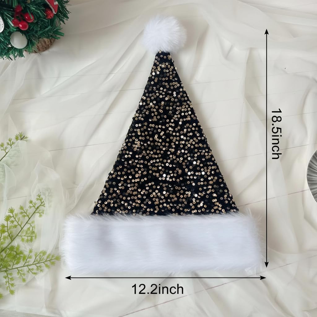LLUOXI Black Sequined Santa Hat, Luxury Plush Velvet Christmas Hat for Adults & Kids - Image 2