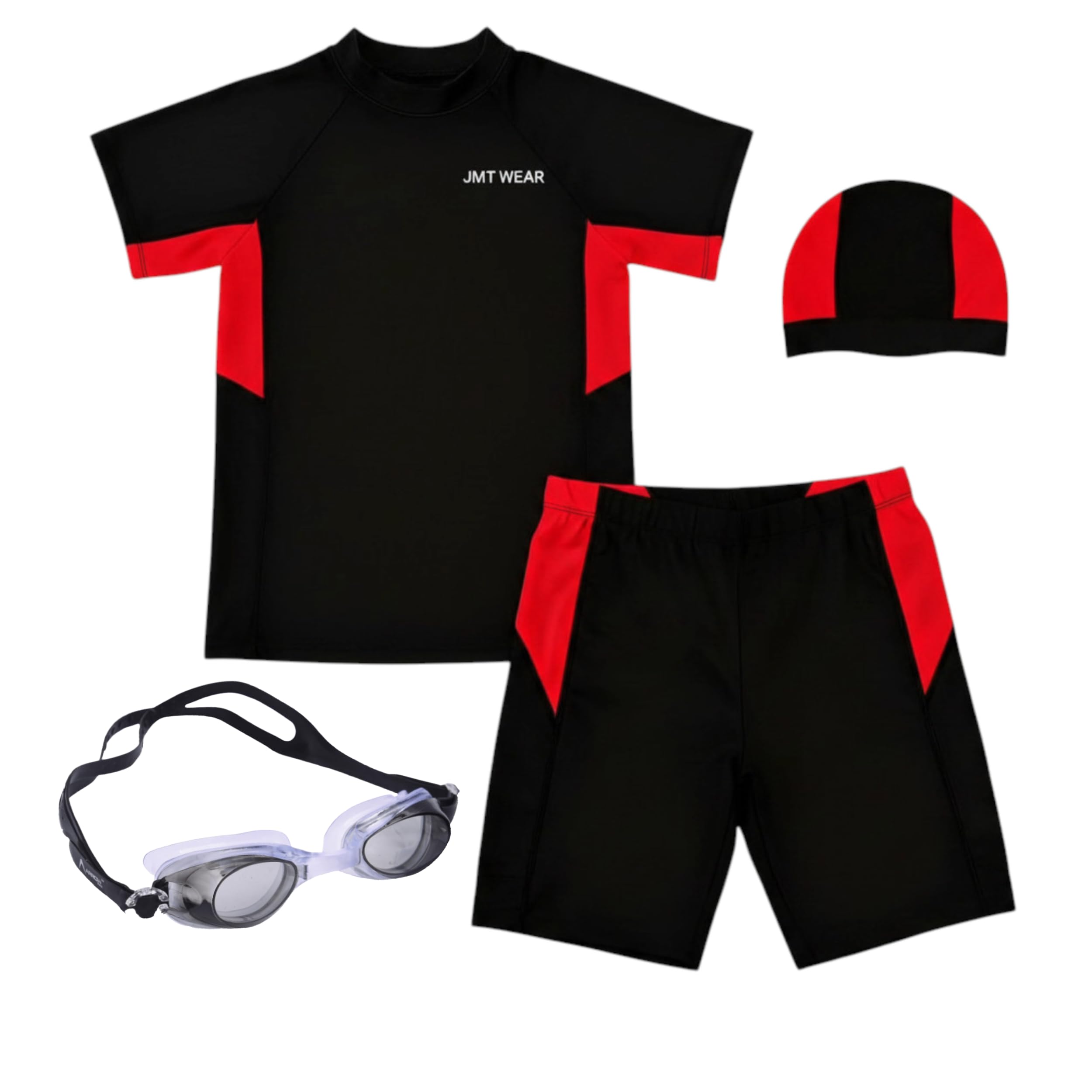 Kids Boys 4-Piece Swimsuit Set - UPF 50+ Short Sleeve Rash Guard, Swim Shorts, Cap & Goggles - Quick Dry Sun Protection Bathing Suit for Swimming & Surfing-image-27