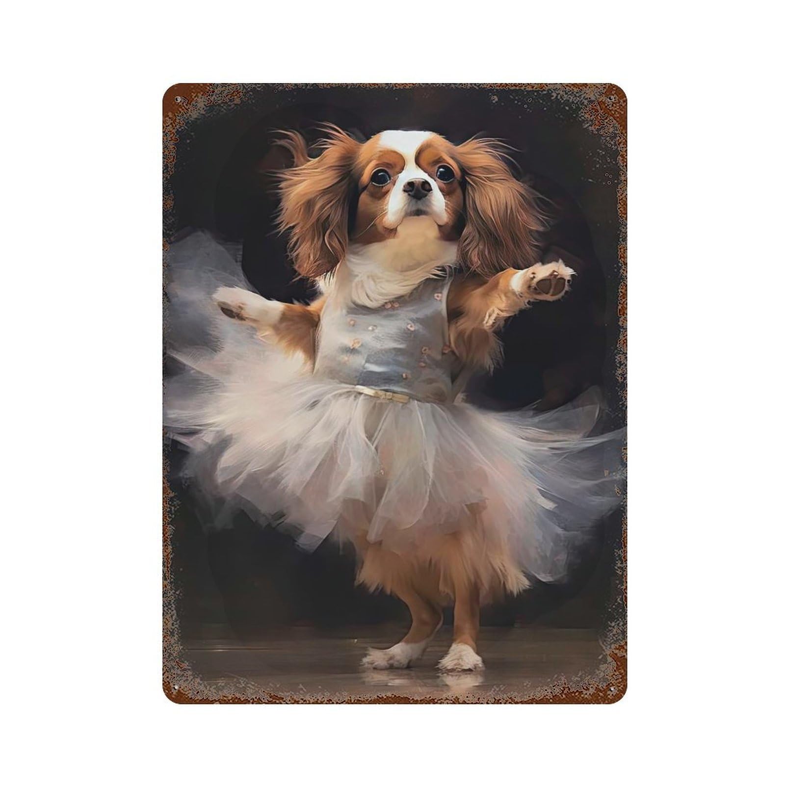 Vintage Rust Metal Sign Cavalier Dog Ballerina 15.7"x11.8", Novelty Wall Decor for Garage, Bar And Workshop Decor