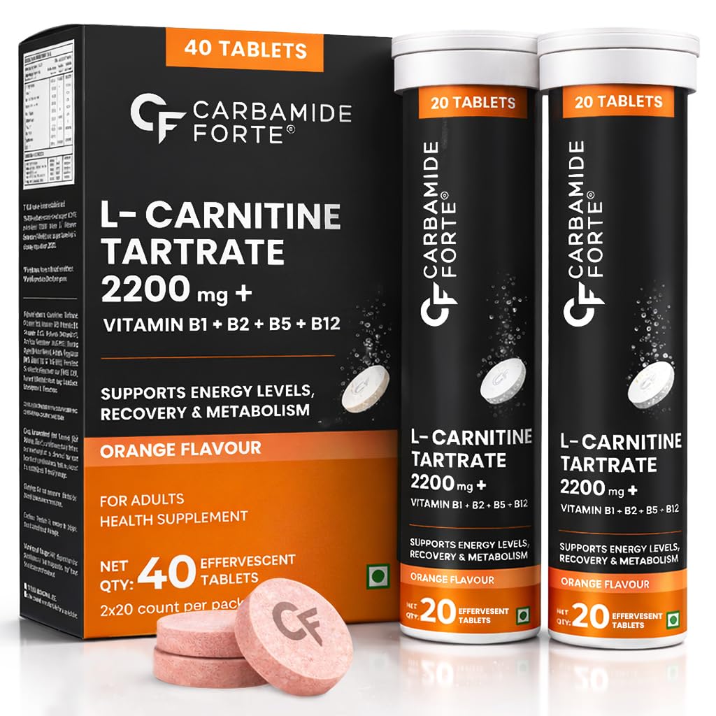 Carbamide Forte L Carnitine Effervescent 2200mg | L Carnitine Tablets with B-Complex Vitamins | LCarnitine to support Fat Metabolism & Energy Support | Orange Flavour | 40 Effervescent Tablets