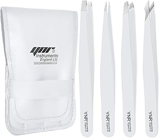 YNRÂ® German Eyebrow Hair Tweezers Precision Pointed Straight Slant Tip | Set of 3 | Stainless Steel Tweezers for Men & Women (White-4)