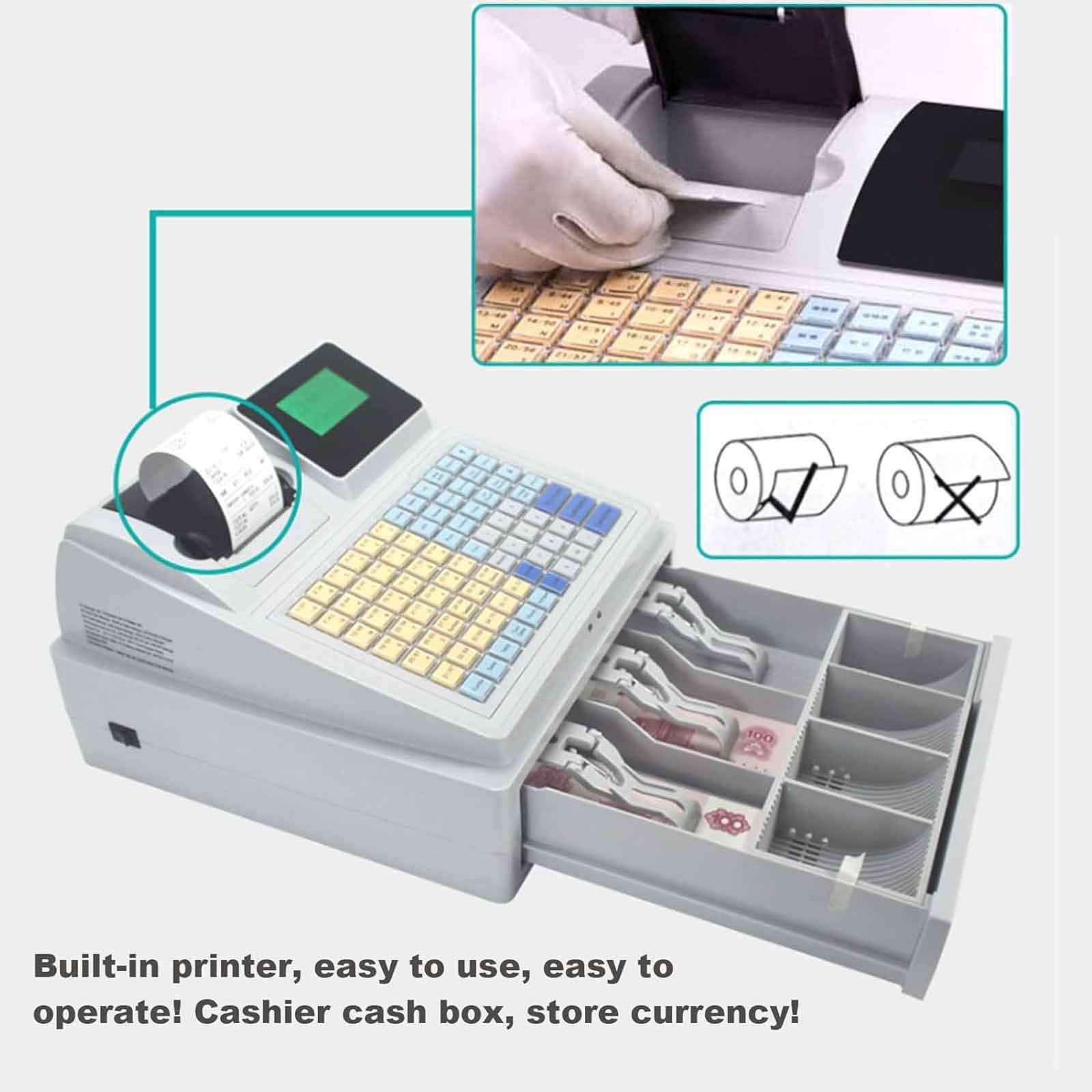 Registratore di cassa a 81 tasti, registratore di cassa elettronico per piccole imprese, registratore di cassa commerciale a 8 LED digitali con cassetto, uso per negozi/ristoranti