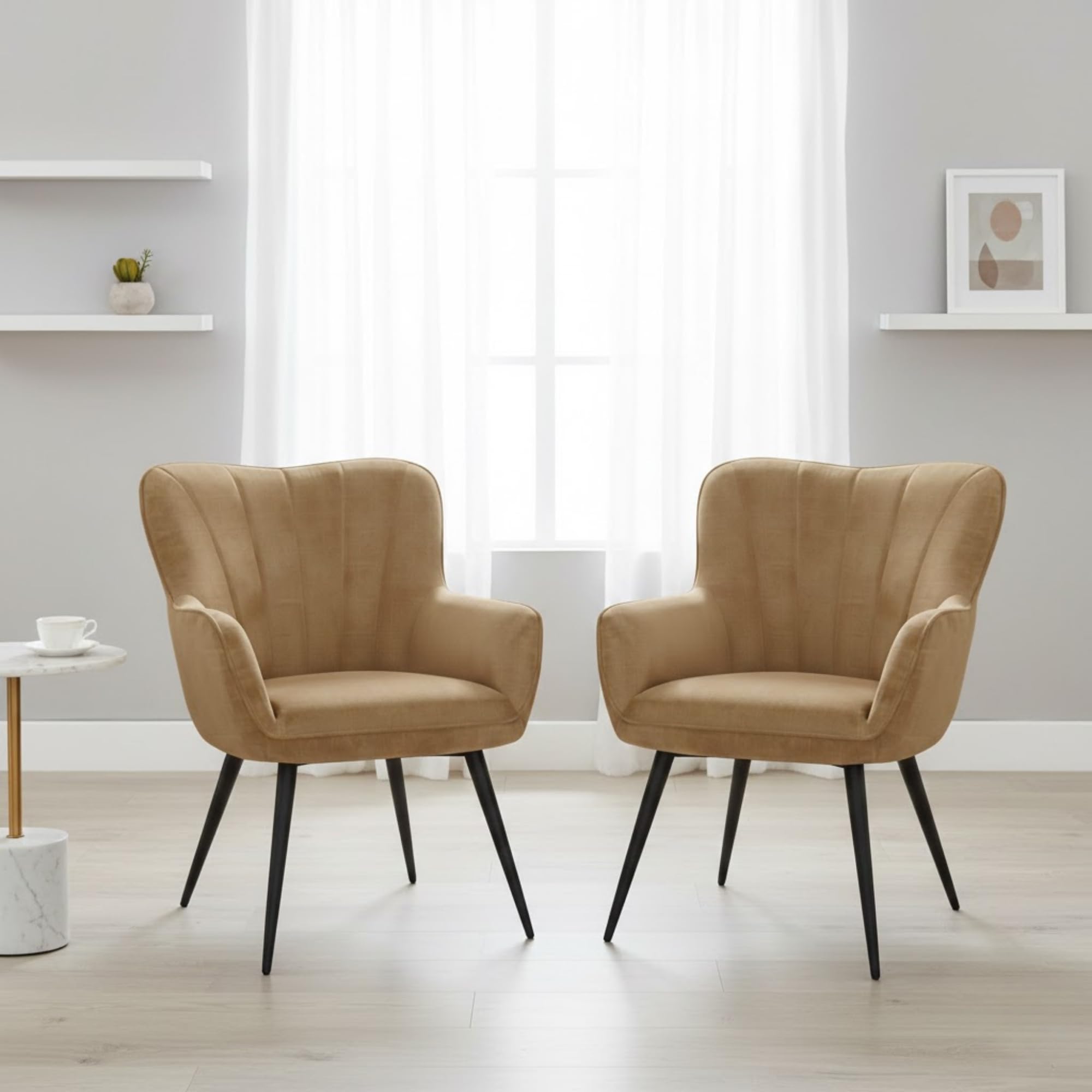 Modern Upholstered Dining Chair Set of 2 with Armrests | Premium Fabric Accent Chair with Metal Legs | Comfortable Padded Seat for Dining Room, Living Room, Cafe & Office (2, Light Brown)-image-11