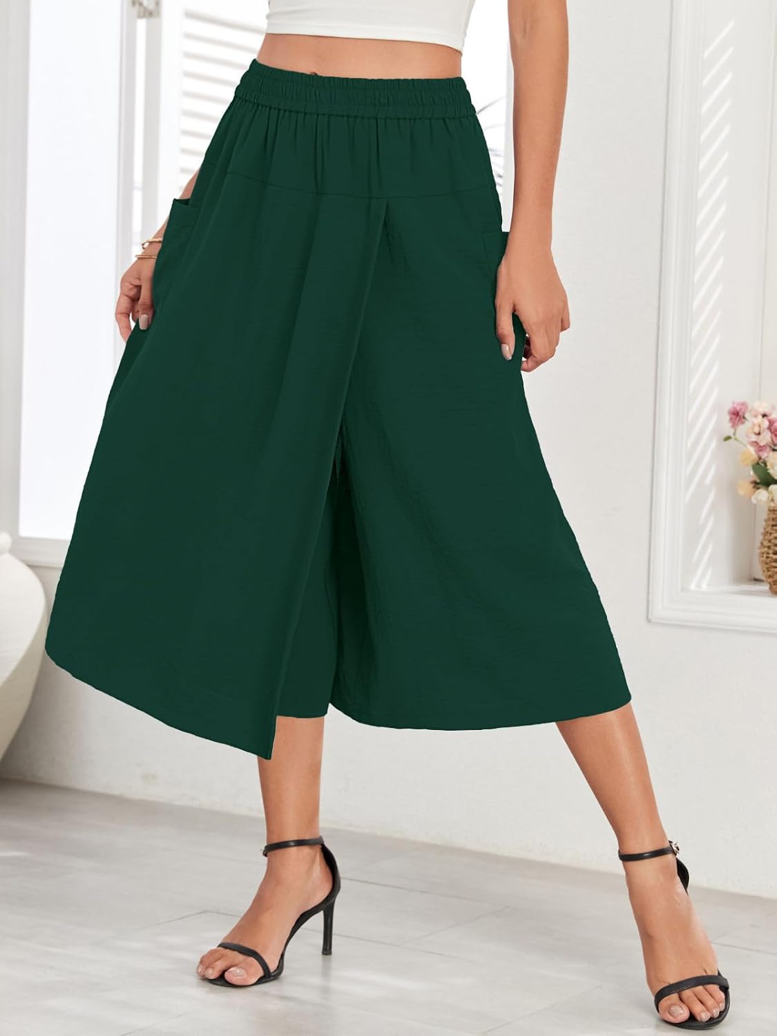 Women's High-Waisted Relaxed Fit Capri Culottes Flowy Palazzo Pants with Practical Pockets Skirt Pant, Dark Green, S - Image 2