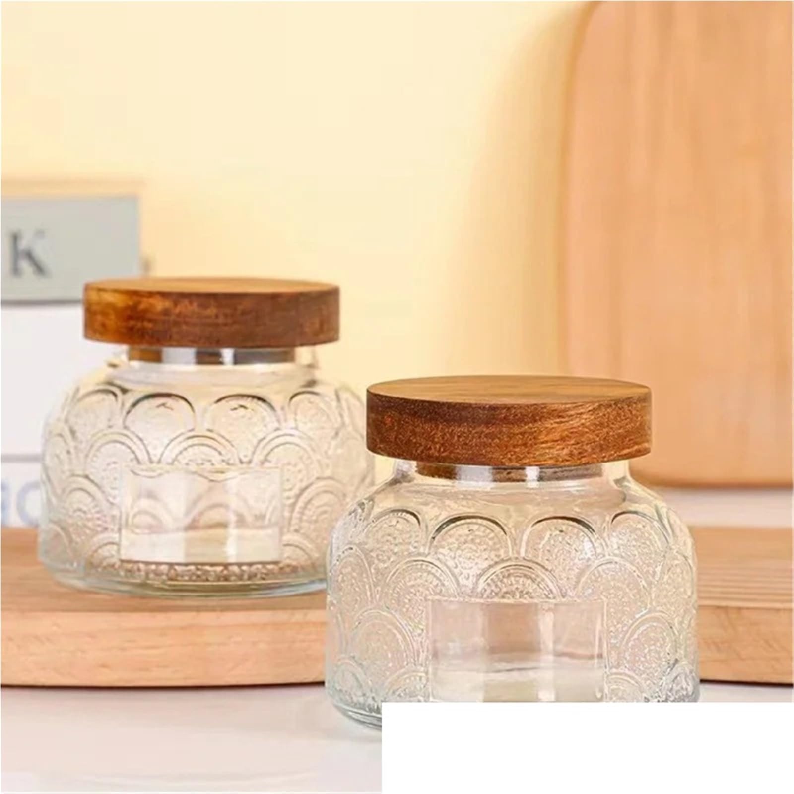 Barattoli di vetro e coperchi for la conservazione tè caffè in legno acacia vintage in rilievo per la Conservazione dei Chicchi di Caffè(B 750ML)