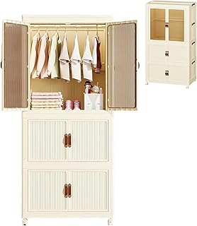 Foldable Closet Wardrobes & Storage Cabinets With Magnetic Doors, Hanging Rods & 10 Hangers. Collapsible, Stackable Storag...