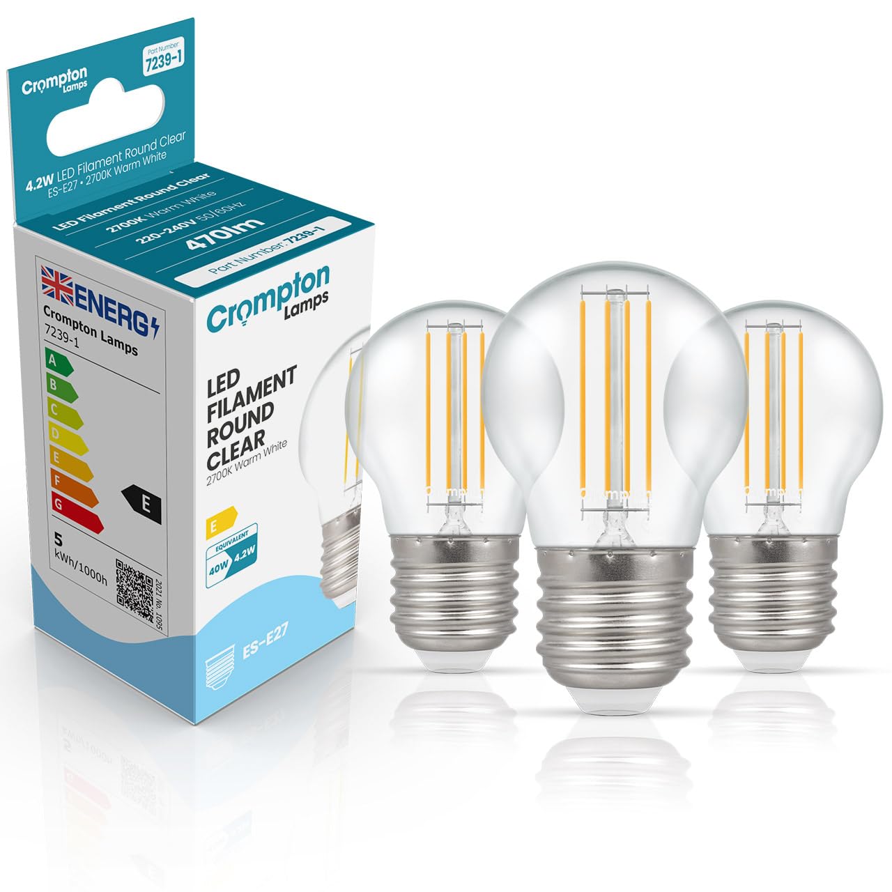 Crompton Lamps Filament Golfball LED Light Bulb ES-E27 | 4.2W = 40W Equivalent | Warm White 2700K | Energy Efficient | Edison Screw Lightbulb | Long Life 10,000-Hrs | Clear Glass | Dimmable | 3-Pack