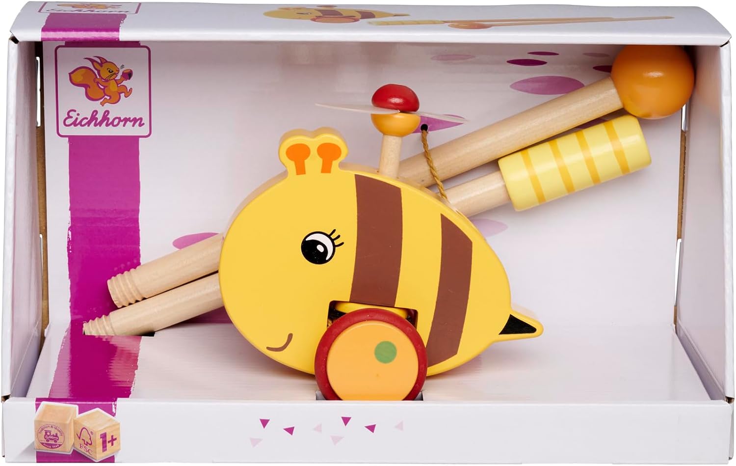 Eichhorn 100006804 - Sliding Bee Figure with Movable Wing, Handle Length 50 cm, Silent Silicone Wheels, Made from 100% FSC Certified Beech Wood, from 1 Year