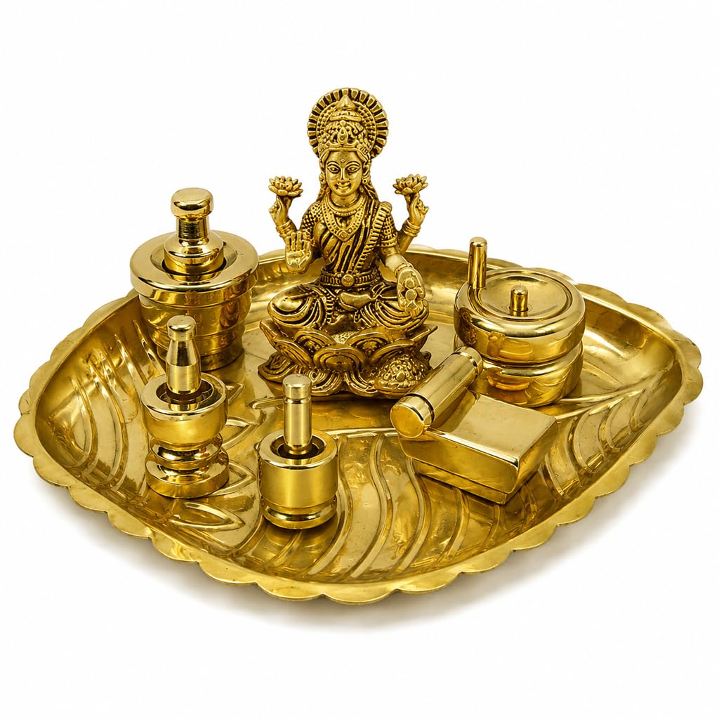 Ayyappan Traders Brass Miniature Gowri Pooja Set with Lakshmi Devi Idol and Sangu Shape Plate | Gowramma/Varalakshmi Pooja Set with Laxmi Idol and Conch Plate-image-47