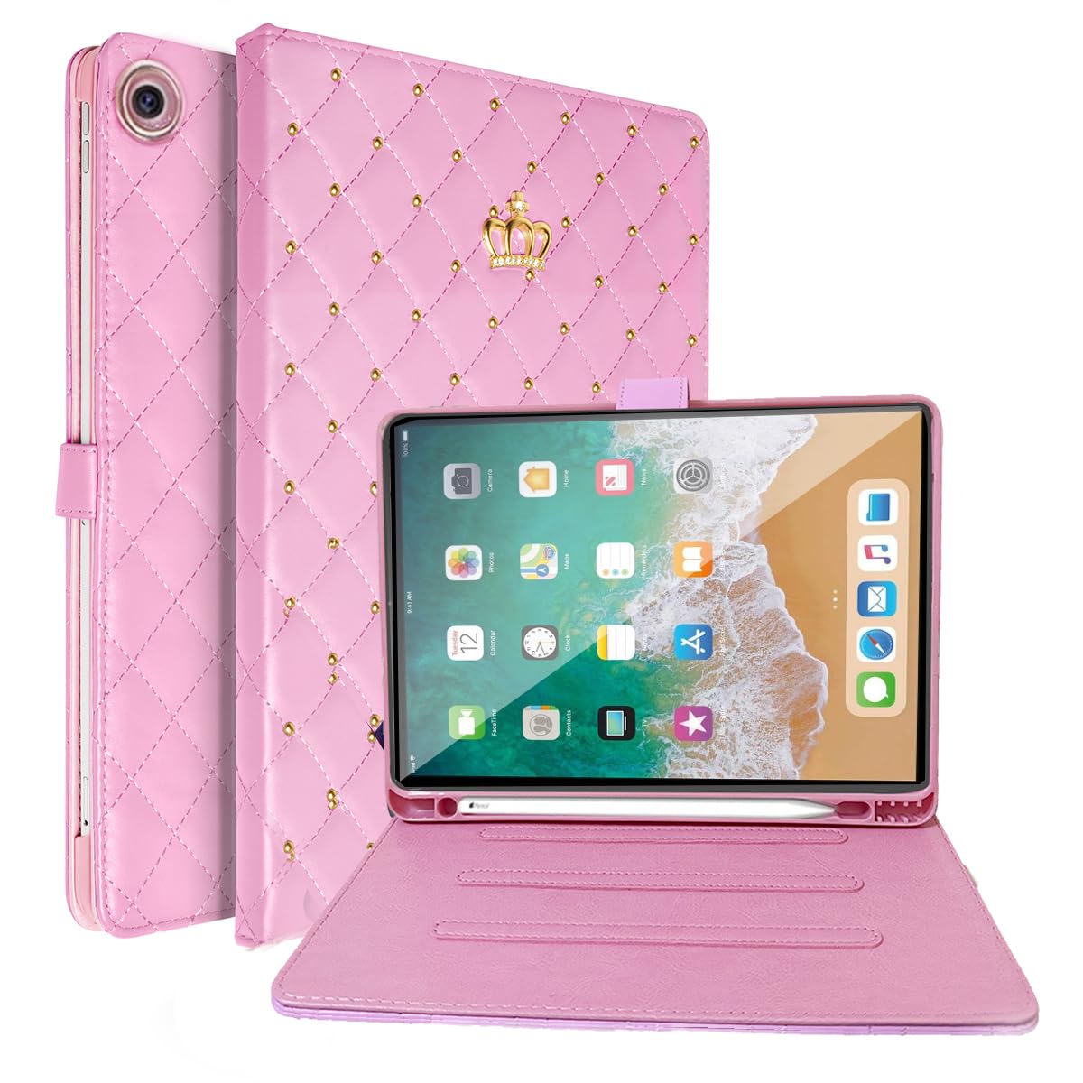 AuroiCCY Case for iPad 6th/5th Generation 9.7 inch (2018/2017) iPad Air 2 2014/ Air 2013 with Pencil Holder, Heavy Duty Shockproof Diamond Crown