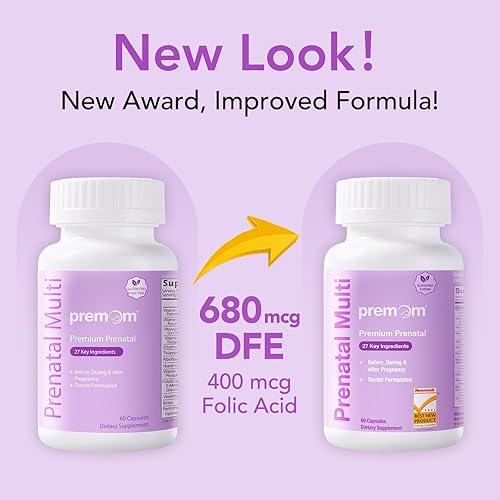 Miniatura 3 de Premom Vitaminas prenatales para mujeres, multivitamínico concepción para ella 27 nutrientes, incluye 680 mcg de folato de metilo + colina + hierro,