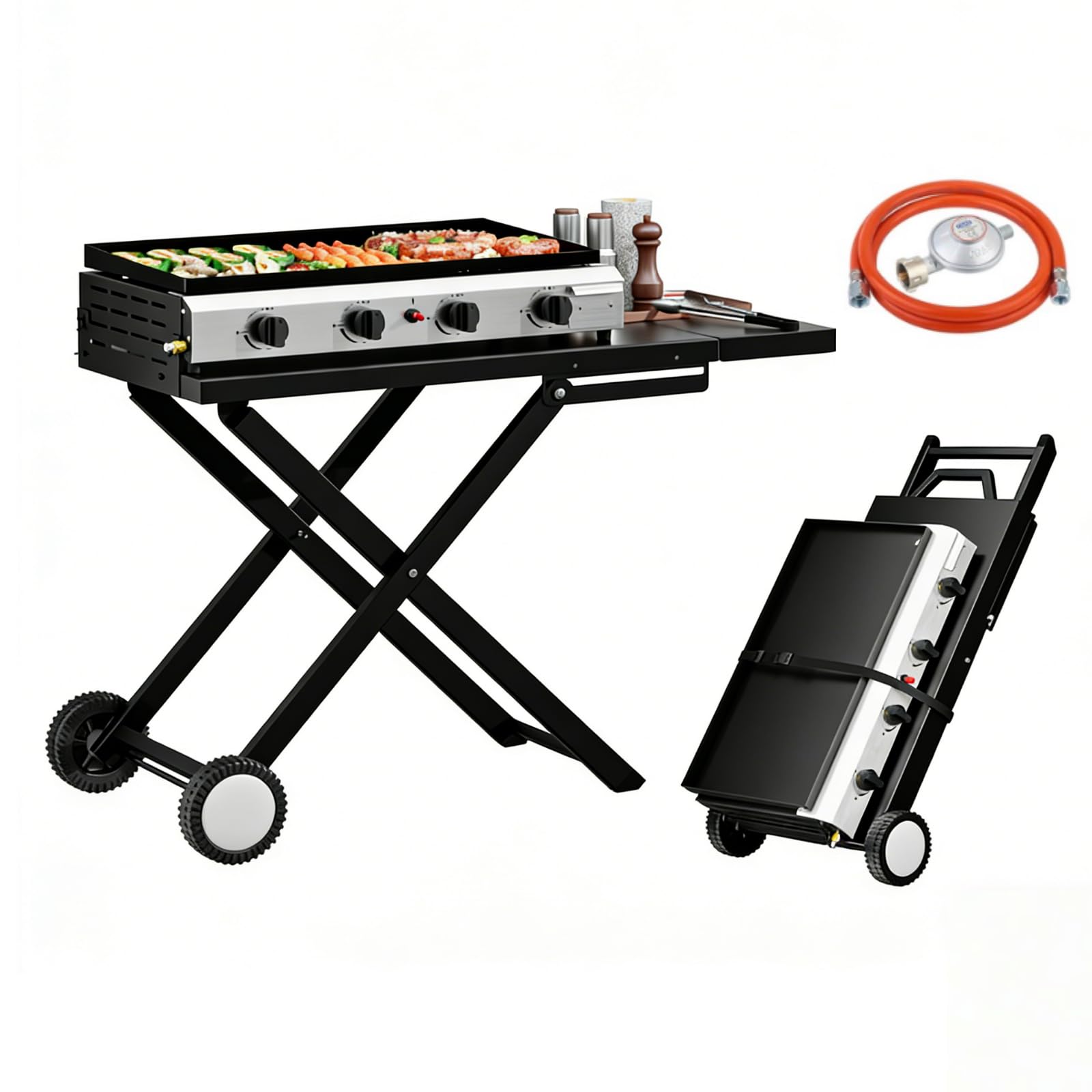 LEADZM Gasgrill Tragbarer 4 Brenner 9.6 kW Grill klappbar, Ausgestattet mit einem Druckminderungsventil - leicht zu verstauen