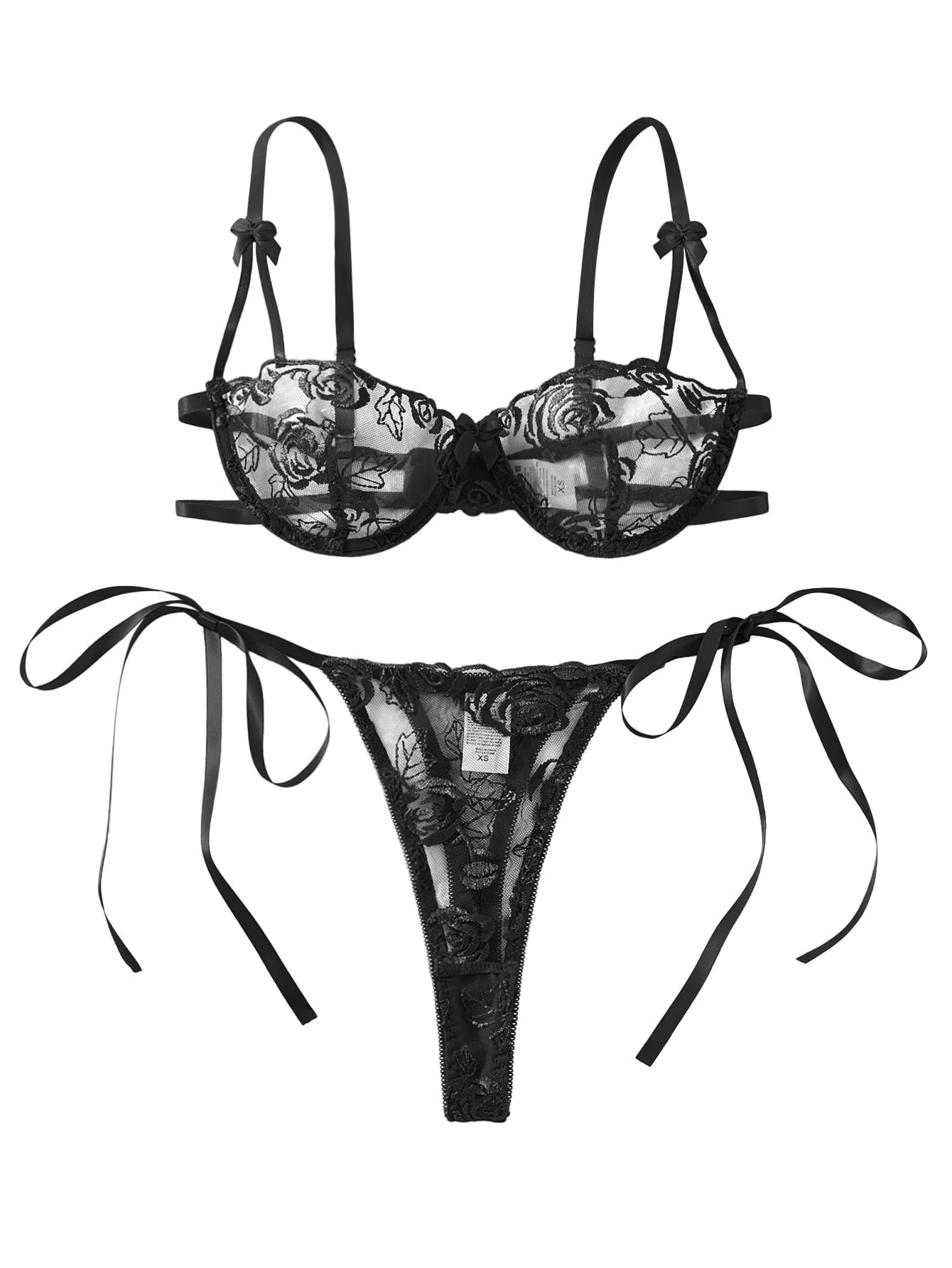 Lilosy Sexy Tie Side Cute Underwire Push Up Strappy Embroidered Mesh Sheer Lingerie Set: X-Small Bow Pattern Black