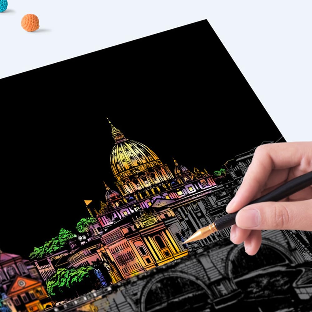 12 pezzi di carta antigraffio Magic Rainbow, formato A4, per adulti, luoghi di interesse, da parete, con attrezzi per graffi, kit City Series Night Scene, arcobaleno, per adulti, bambini, fai