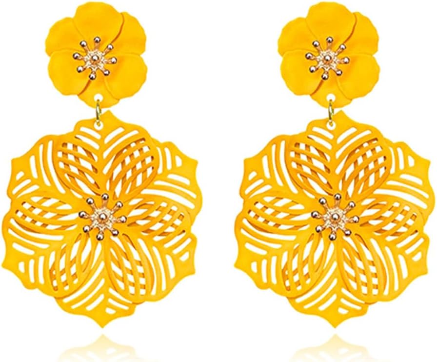 Handmade Bohemian Chic Hollow Flower Dangle Drop Earrings Unique Gold Flower Core Floral Stud Earrings For Women