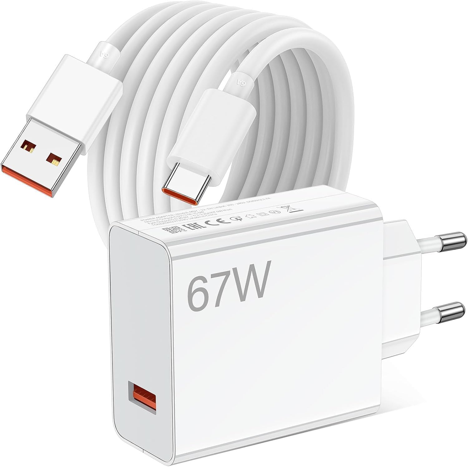 67W Fast Charger with 1m USB-C to USB-A Cable, Compatible with Redmi Note 13 Pro, Xiaomi 14, 13, 12, 12T, 12S, K60, K50, 11, 11S, Poco X6, F5, X5, Turbo Charging and Intelligent Protection mi67-w