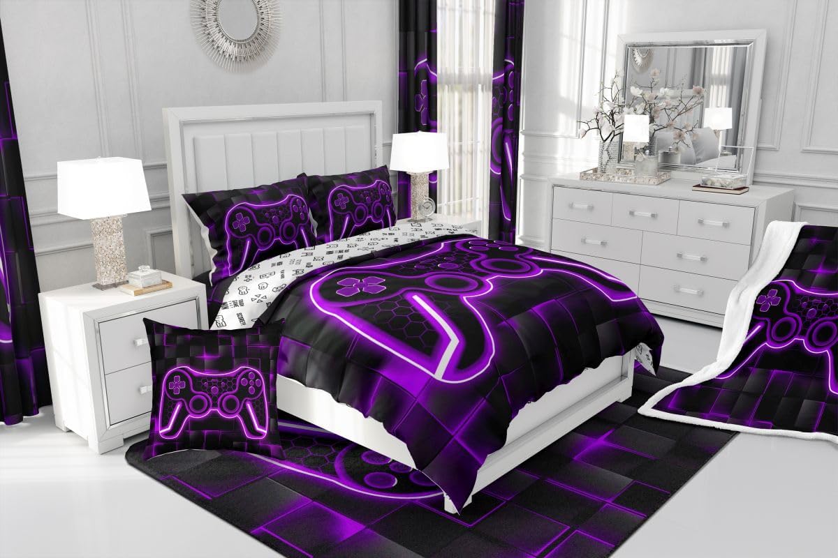 Feelyou Kids Gamer Area Rug 3x5 Purple and Black Rugs for Living Room Bedroom for Boys Teens Room Decor Gaming Ombre Decorative Rug Set Geometric Square Indoor Floor Mat