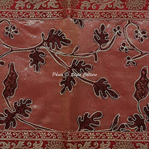 Image of Maroon & Coffee Table Runner for Center Table Long Ari Zari Embroidered Banarasi Indian Satin Decorative 6 Feet Runner Up with Tassels Dining Tablecloth Overlay