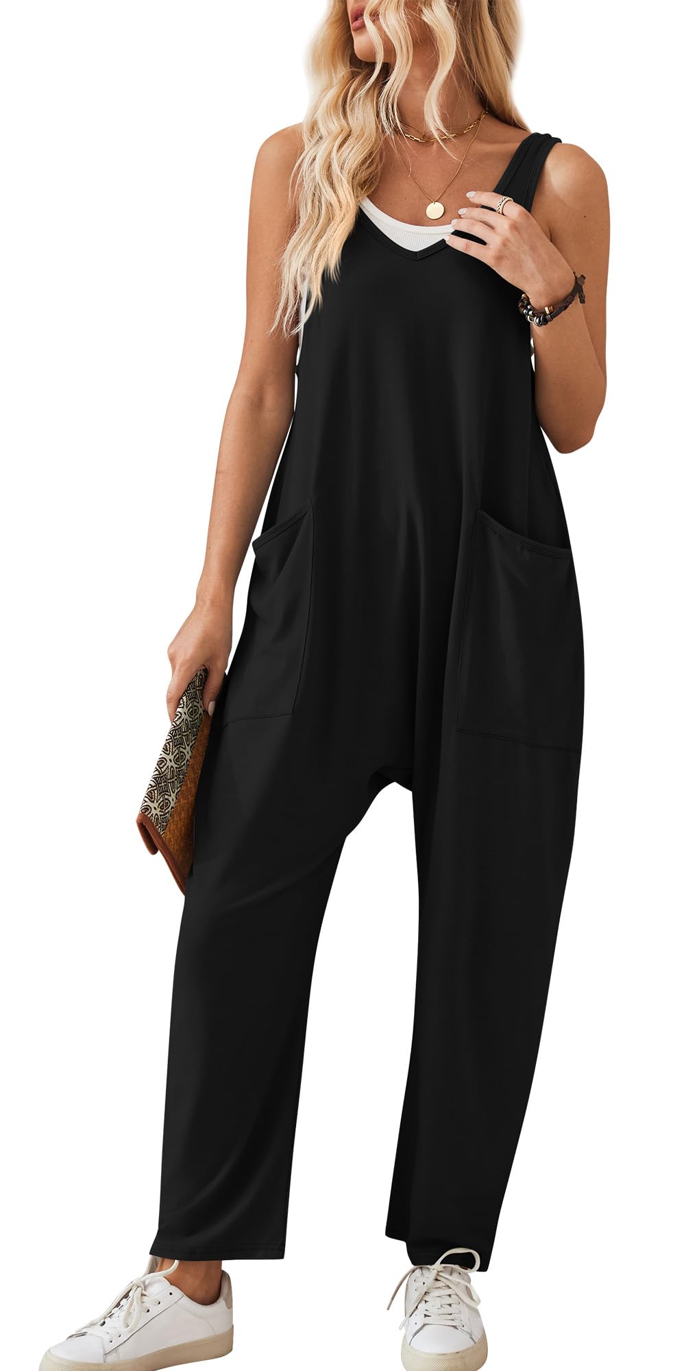 Maeau - Tuta da Donna in Maglia Casual con 2 Grandi Tasche Tuta Pantaloni Ampi Tuta Senza Maniche Tuta S-XXL