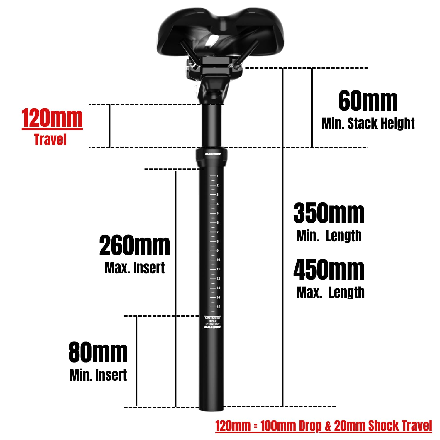 SAFORT SD78H-SUS Dropper Sattelstütze mit Federung, Hebelbetätigung, höhenverstellbare Sattelstütze für Fahrrad/EBIKE, 450 mm Länge