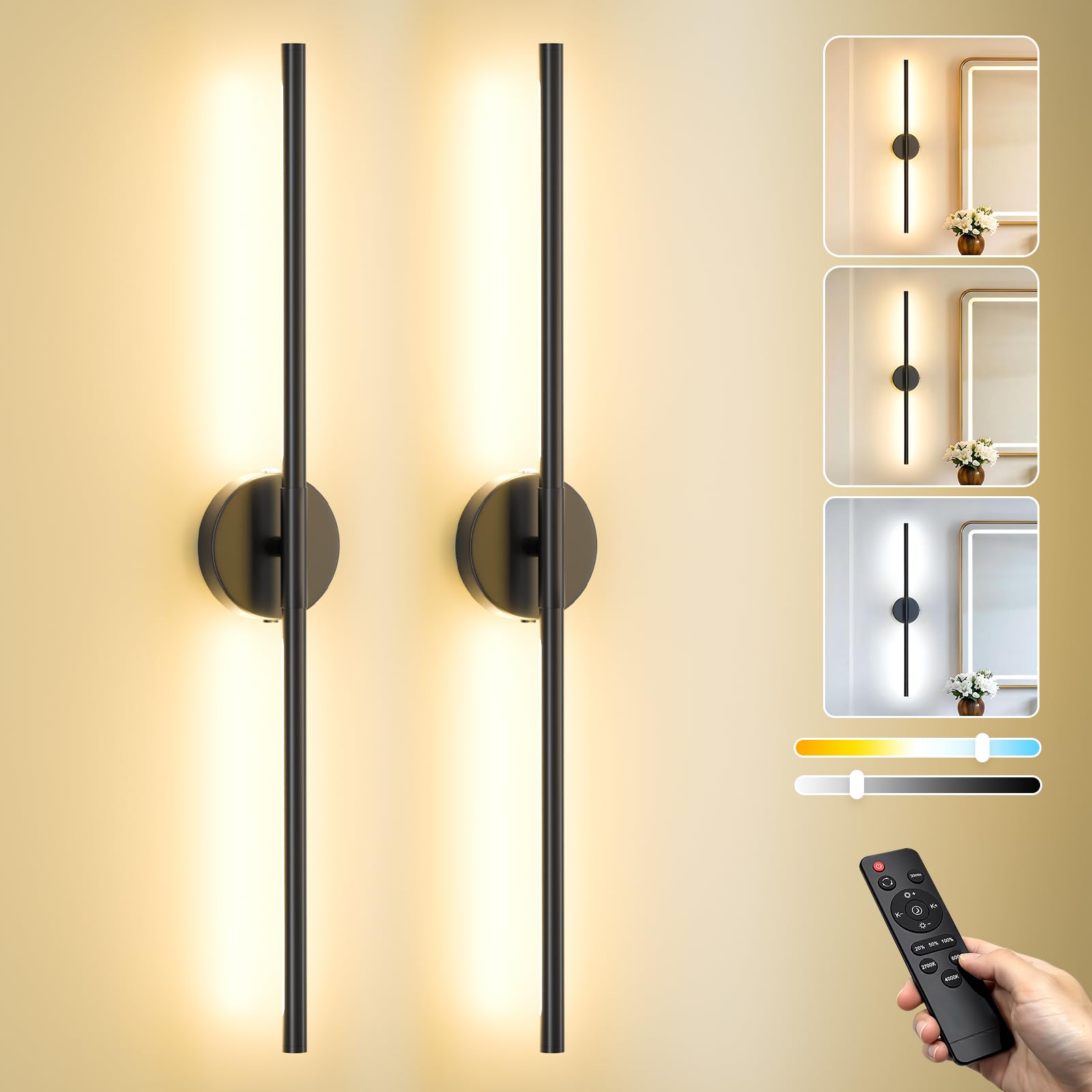 Ollny Rechargeable Wall Sconce Lights 73CM 2 Pack, 8000mAh Battery Operated Wall Lamp Wireless, Remote/Dimmable/Timer/360° Rotatable/3 Color Temperature, Wall Lights for Living Room Bedroom Hallway