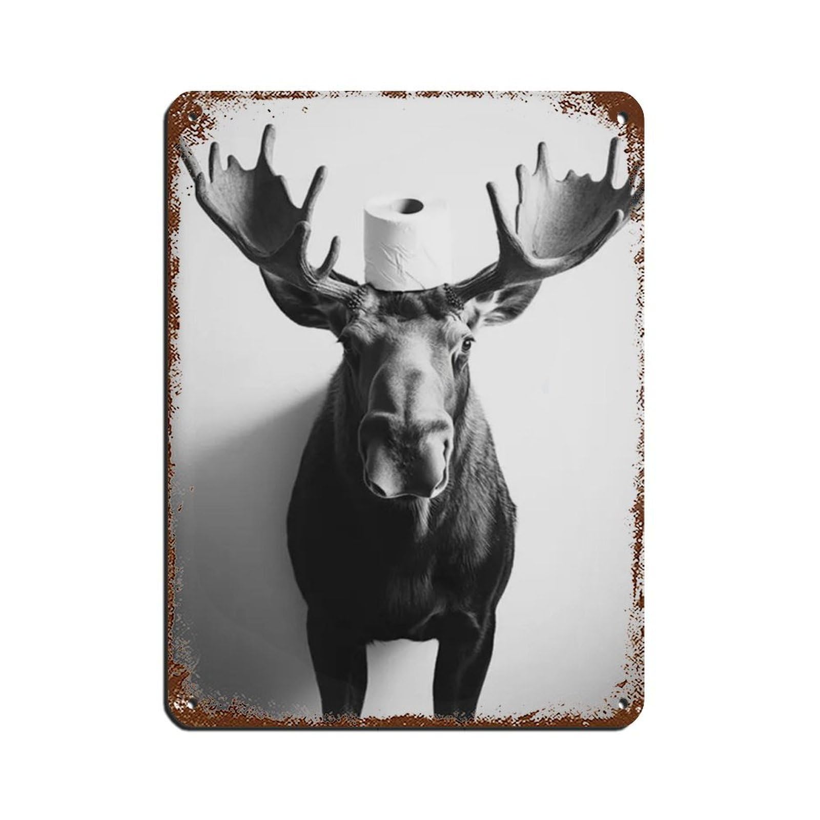 Moose with A Toilet Paper Roll on Head Retro Poster Metal Tin Sign Chic Art Retro Iron Painting Bar People Cave Cafe Family Garage Poster Wall Decoration 12x16inch(30x40cm)