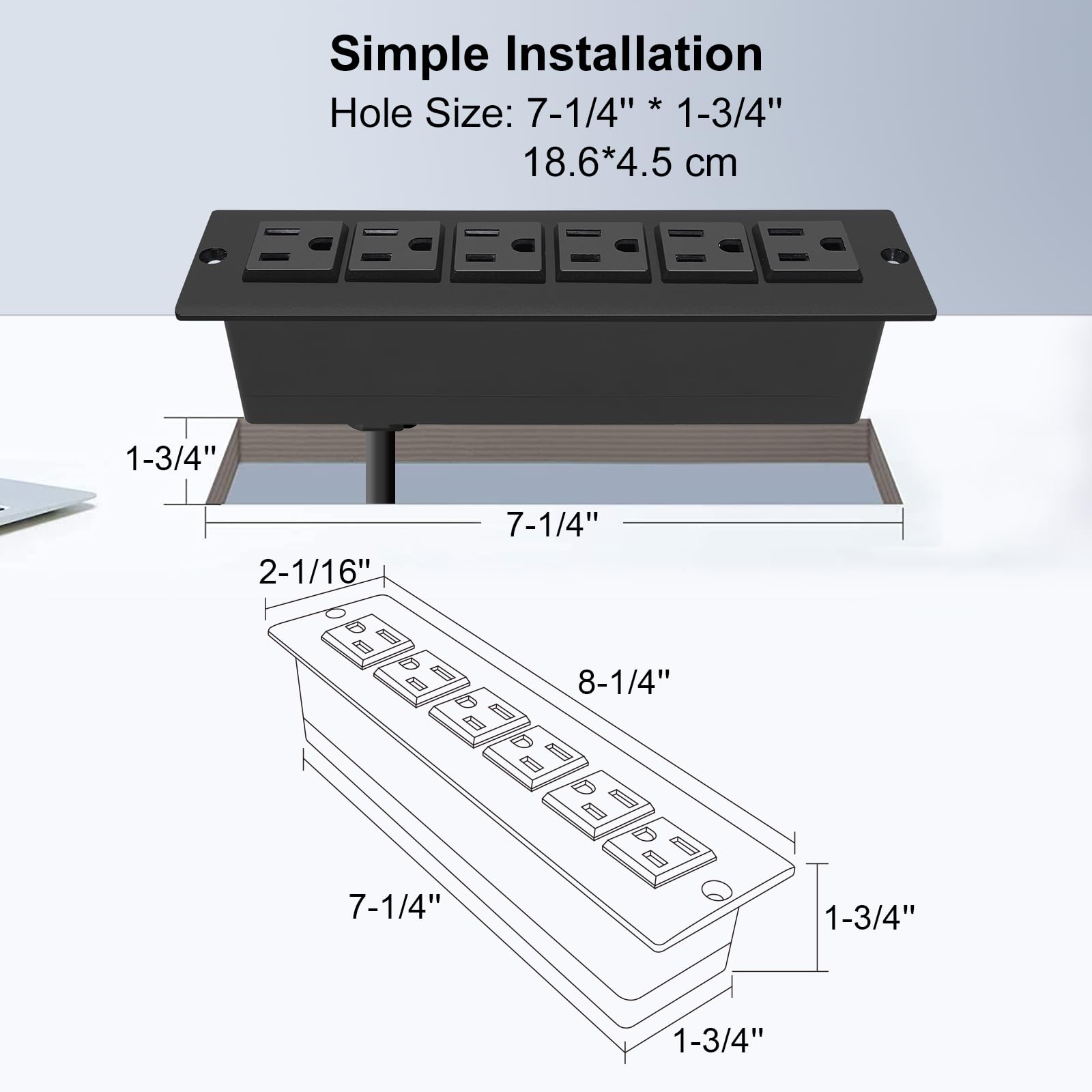 Unterputz-Stromleiste ohne USB, industrielle Werkstatt-Montage und Ladestation mit 6 Steckdosen, Flachsteckdose, 2,5 m, Schwarz