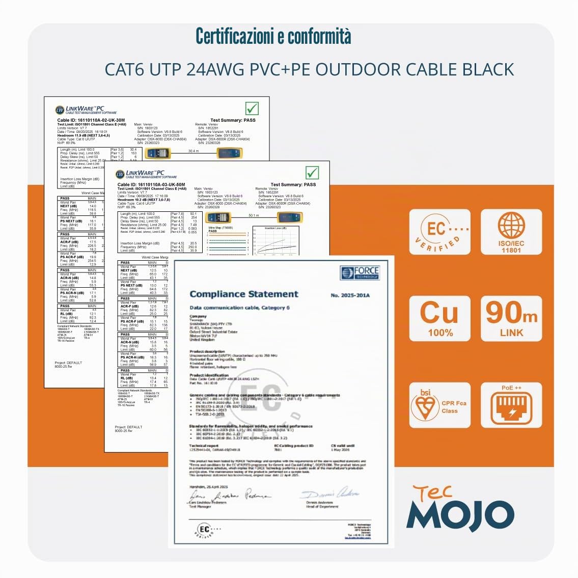 Tecmojo Cavo di rete Ethernet LAN per esterni CAT6 UTP, 50 m, gigabit puro rame 23AWG PVC+PE doppio rivestimento CPR Fca UV Resist Direct Bury nero