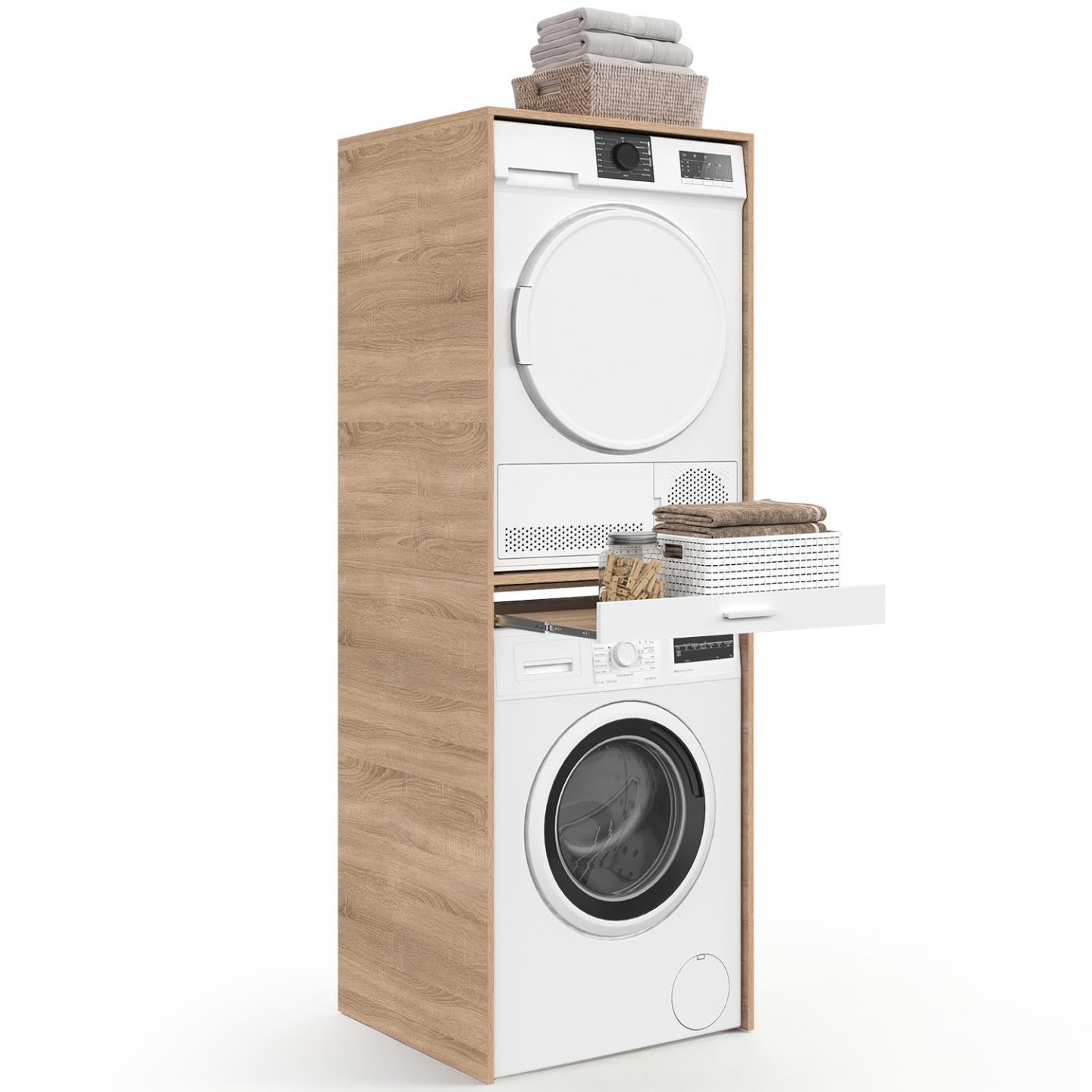 IDMarket - Meuble de buanderie pour Machine à Laver et sèche-Linge Wallis Plateau Coulissant pour Panier à Linge Bois et Blanc