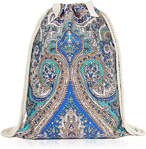 Keepast Drawstring Backpack Women Canvas Shoulder Bag Chinese Embroidery Pattern Casual School Travel Backpacks Gym Sports Sackpack