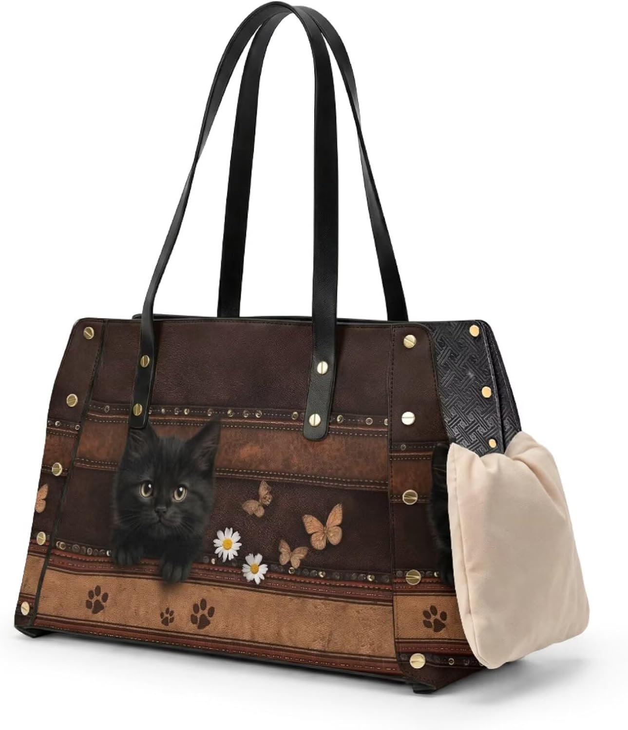 Cat Daisy Butterfly Print Pet Purse Carrier for Dog Cats, Lightweight Dog Shoulder Bag with Cushion, Cozy Comfort Pet Bag for Small Dogs