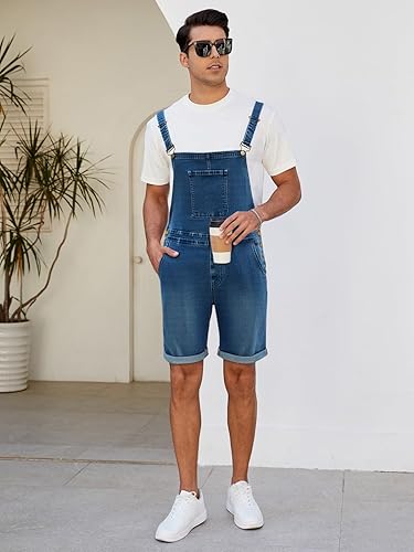Miniatura 5 de LONGBIDA Overol de mezclilla para hombre, pantalones cortos de mezclilla, overol casual de verano con bolsillos