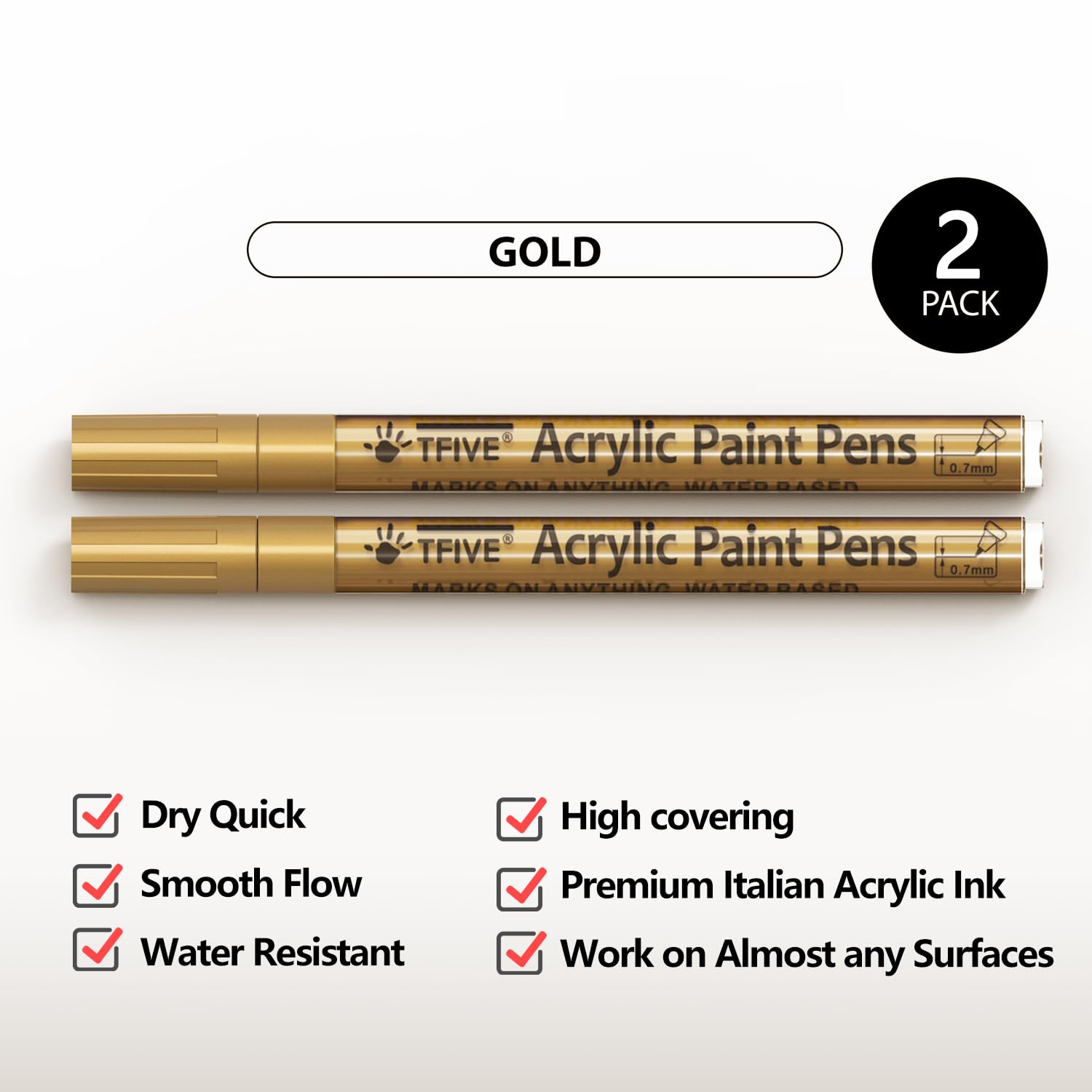 TFIVE Bolígrafos de pintura dorados, paquete de 2 marcadores permanentes acrílicos, punta extra fina de 0.7 mm para proyectos de arte, dibujo, pintura rupestre, cerámica, vidrio, madera, plástico