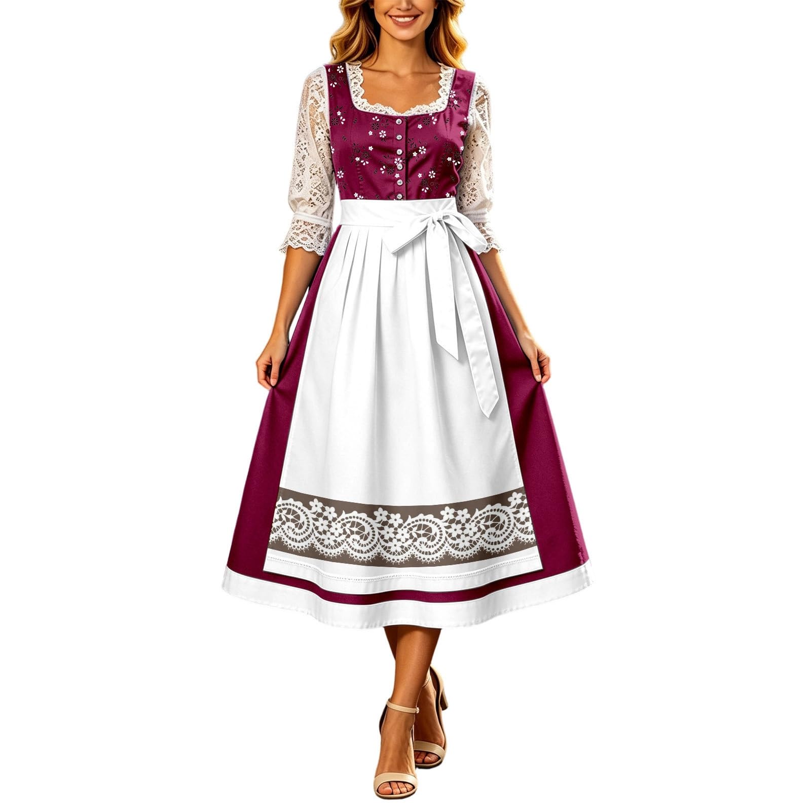 Generisch 2026 Robe longue de fête de bière avec motif floral français pour fête de jardin avec nœud aspect cintré pour une mode de maison de campagne élégante avec corset jupe plissée