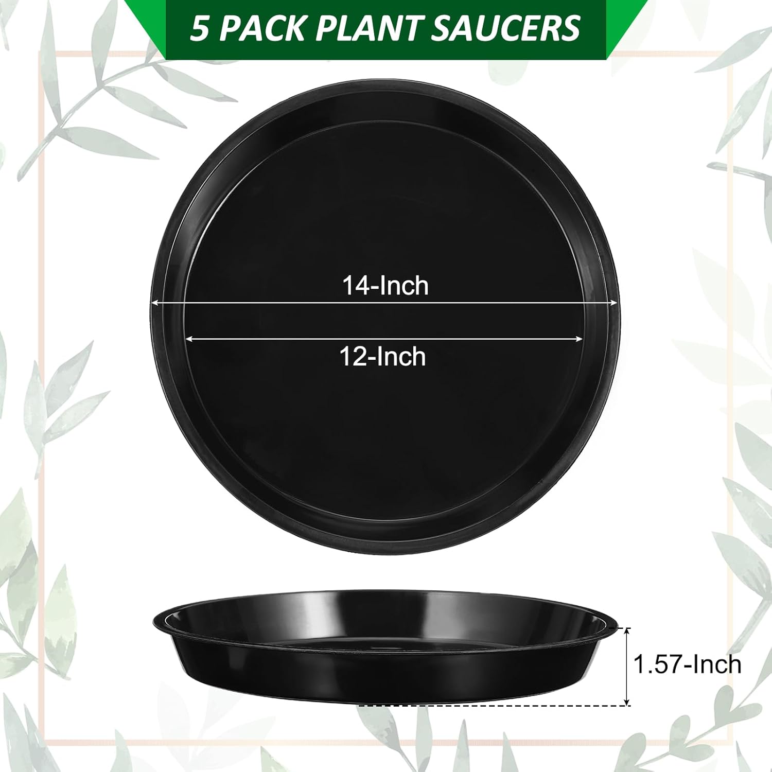 PATIKIL 5 Pack Plastic Plant Saucer, 14 Inch Plant Tray for Pots Round Plant Dish Plant Drip Trays Water Tray for Indoors Outdoors Garden, Black