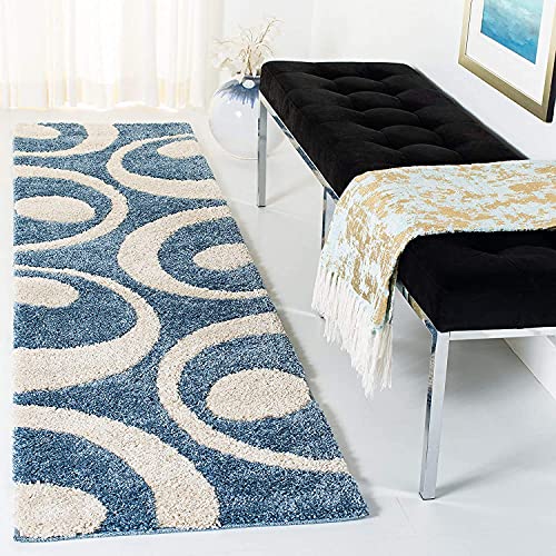 Image of Super Ultra Modern Soft Shaggy Handcrafted Anti-Skid Silk Touch Carpet, Size 2x6 Feet, Color Blue & Ivory