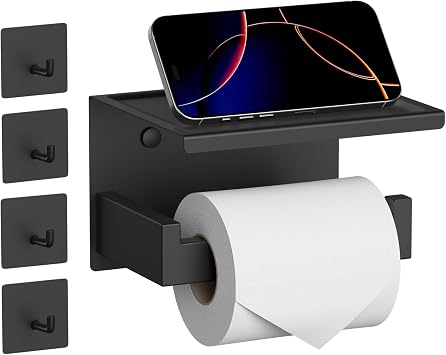 HITSLAM Matte Black Toilet Paper Holder with Shelf & 4 Towl Sticky Hooks, Self-Adhesive or Screw Mount Toilet Paper Roll Tissue Holder, SUS 304 Stainless Steel, Rustproof for RV& Bathroom Home