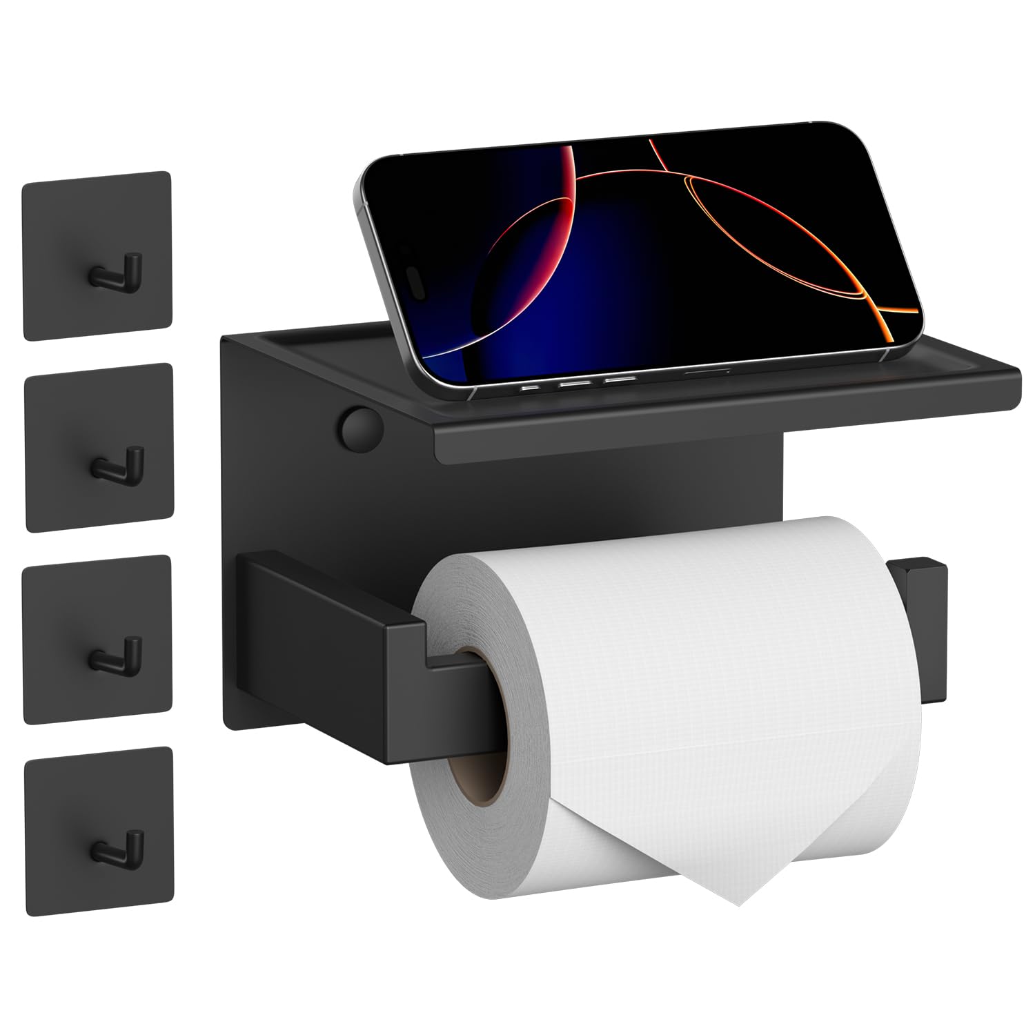 HITSLAM Toilet Paper Holder with Shelf, Stick on Matte Black Toilet Paper Roll Holder, Self Adhesive or Wall-Mount with Screws for Bathroom,Washroom — Amazon image 13