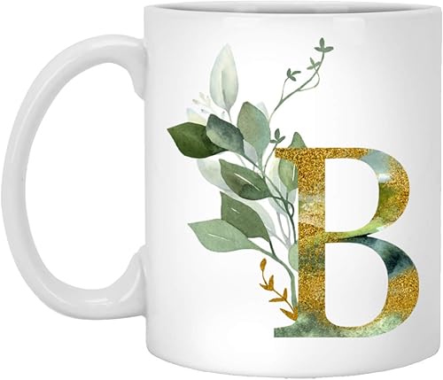 AlphaB - Taza de café con letra B gráfica, monograma de letra B, dorada, brillante, cualquier letra, alfabeto floral, té, café, taza de chocolate