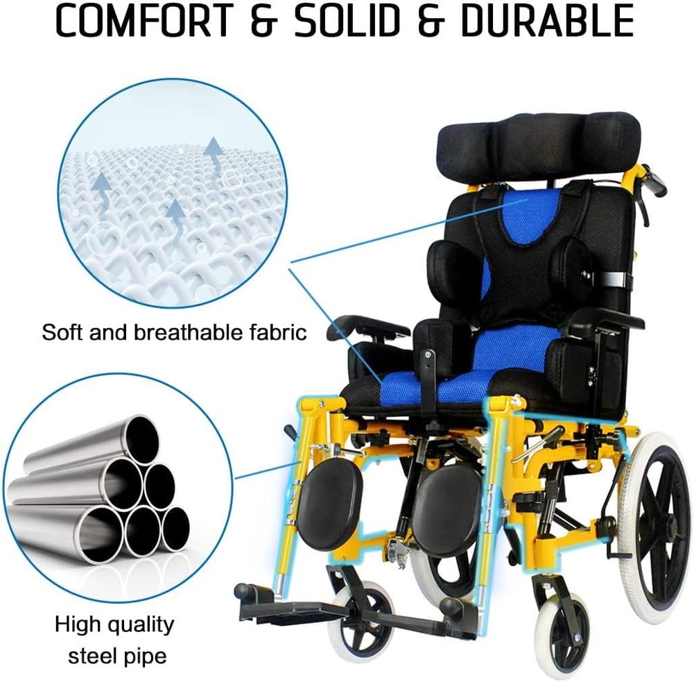 Silla de ruedas para parálisis cerebral infantil, diseño ergonómico con reposacabezas ajustable, posición sentada y altura del reposabrazos