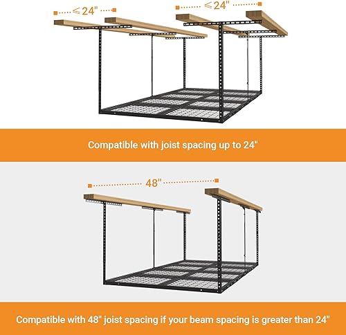 Miniatura 7 de Estante de almacenamiento de garaje de 4 x 8 pies, estante de almacenamiento de techo de metal resistente, de techo ajustable de 22 a 40 pulgadas,
