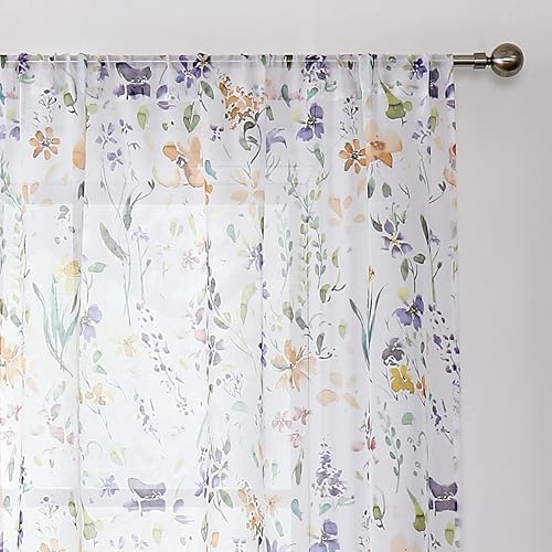 Miniatura 3 de Fragrantex Cortinas traslúcidas de acuarela floral amarillo y gris, 84 pulgadas de largo para sala de estar, estampado botánico, tela texturizada de