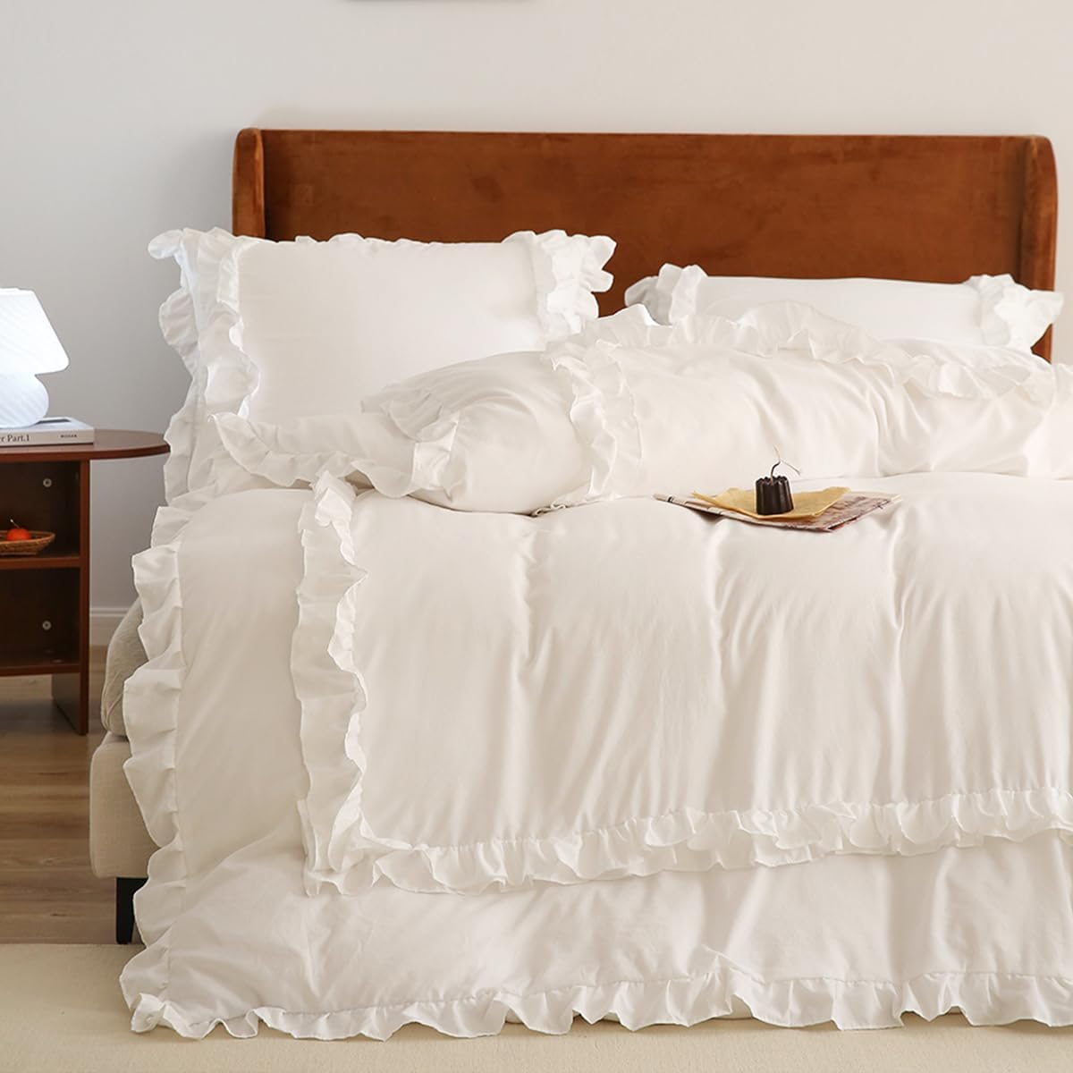 White Ruffle Duvet Cover Full Girls Shabby Chic Farmhouse Bedding Set 3Pcs 100% Washed Microfiber Duvet Cover Set Boho Vintage Ruffled Bedding with Zipper Closure & Corner Ties,2 Pillowcases