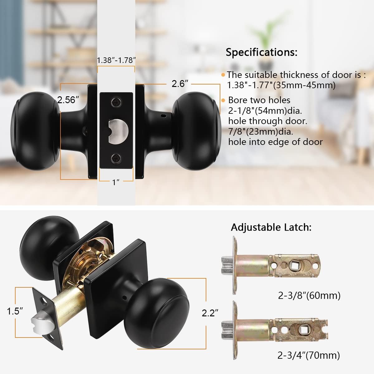 Probrico Colonial Passage Door Knobs Black Interior Non-Locking Door Handles for Hall/Closet with Square Rosette, 10 Pack